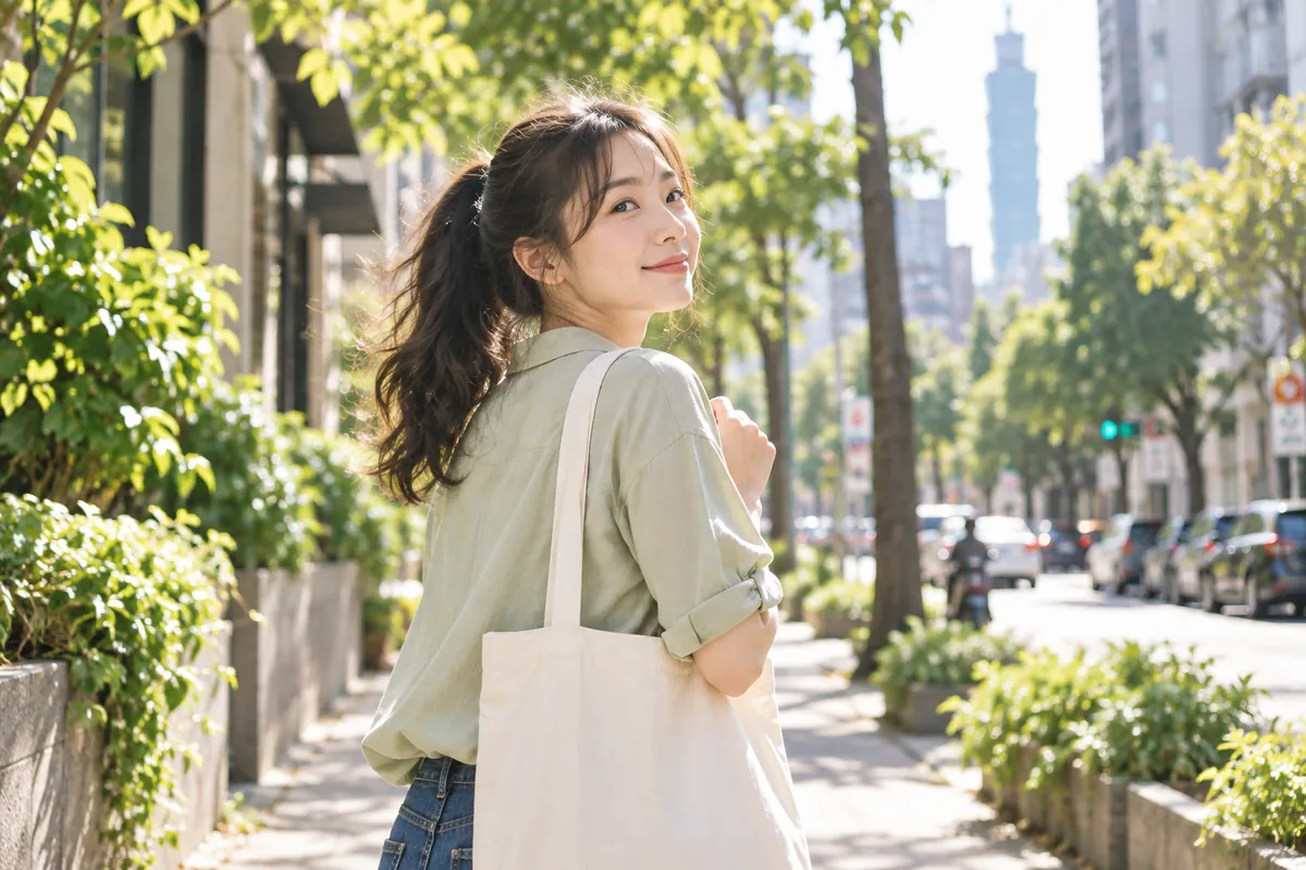 女性背著帆布袋走在綠意城市街道，AI 情境示意