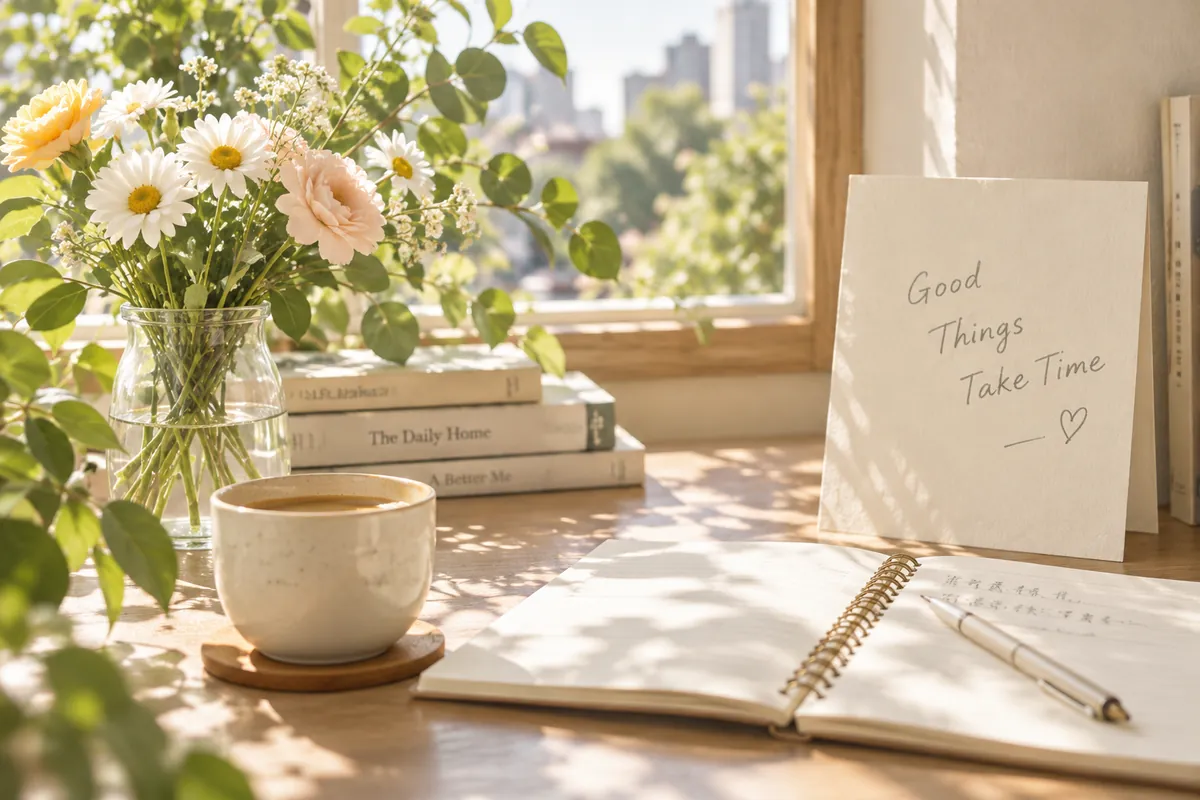 陽光、花束與寫著 Good Things Take Time 的卡片