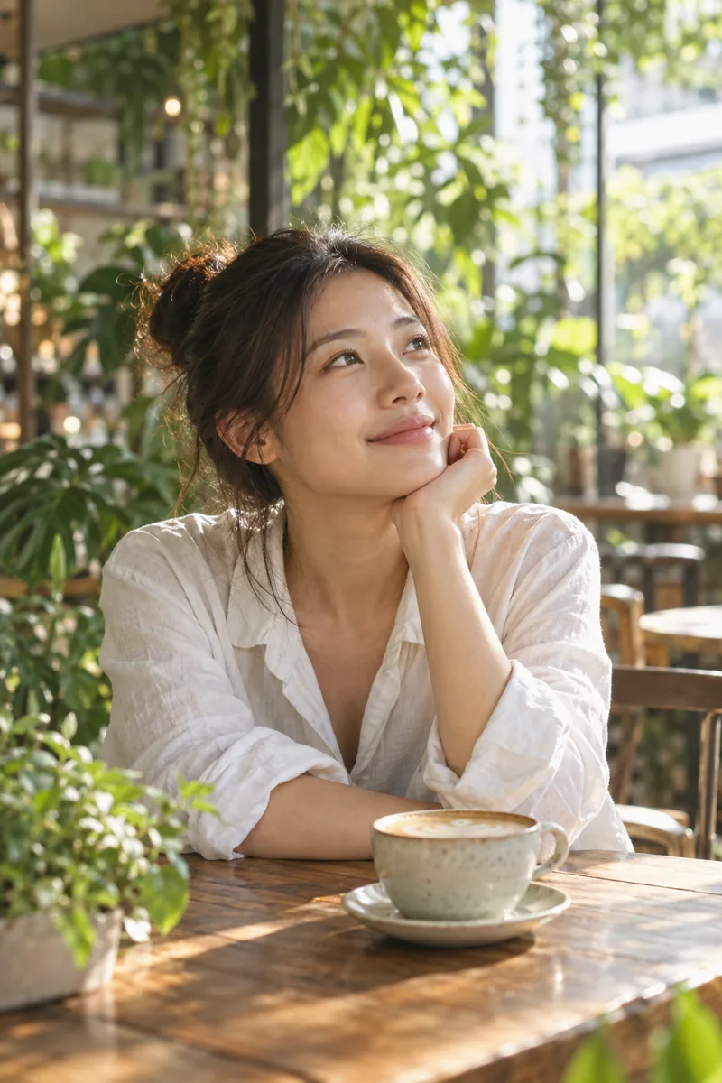 成年女性在綠意咖啡廳安靜看向窗外，AI 情境示意